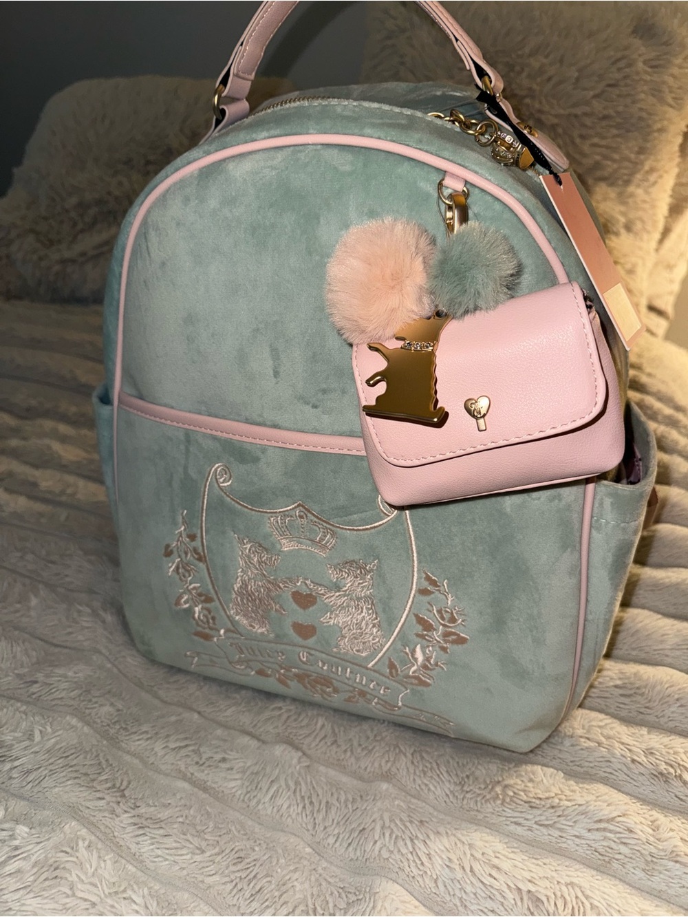 Juicy couture Velour Backpack with Mini Purse and Pom Charm - Picture 2 of 9